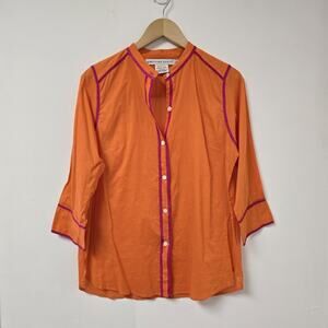 Gretchen Scott Shirt Large Orange Button Front 3/4 Sleeve Preppy Collarless Top